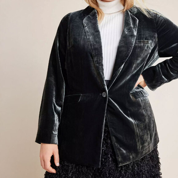 ANTHROPOLOGIE Alessia Velvet Blazer in Gray Green Size XL - Picture 1 of 16